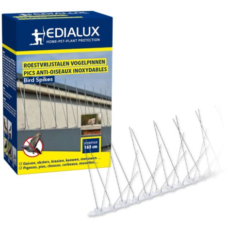 Edialux Pic anti pigeon en acier inoxydable 165 cm x 11 cm - protection oiseaux pour balcon gouttières fenêtres et cheminées, piques contre corbeaux piverts et pigeons, installation facile et durable