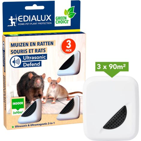 Edialux Répulsif contre souris et rats à ultrasons, anti-rats, dispositif intérieur plug-and-play, sans danger pour les animaux, protection jusqu'à 90 m² par appareil, 3-pack