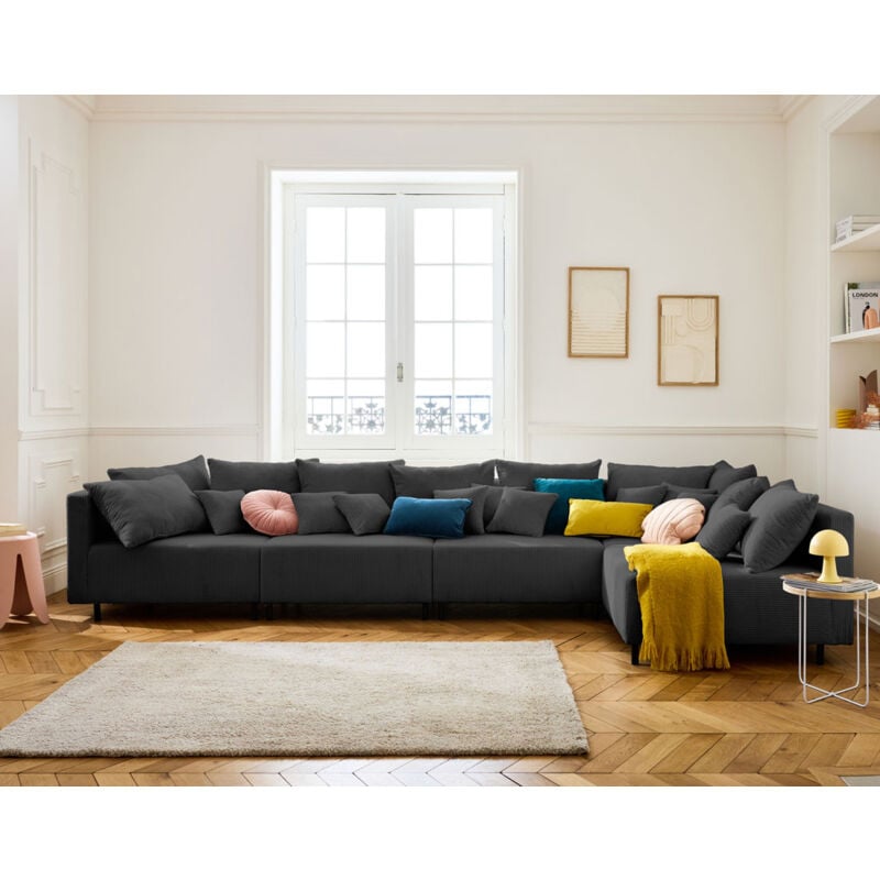 Lisa Design - Edinburg - canapé modulable d'angle réversible 5 places - en velours côtelé - gris foncé