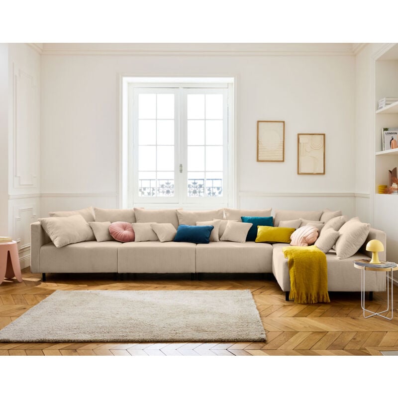 Lisa Design - Edinburg - canapé modulable d'angle réversible 5 places - en velours côtelé - beige