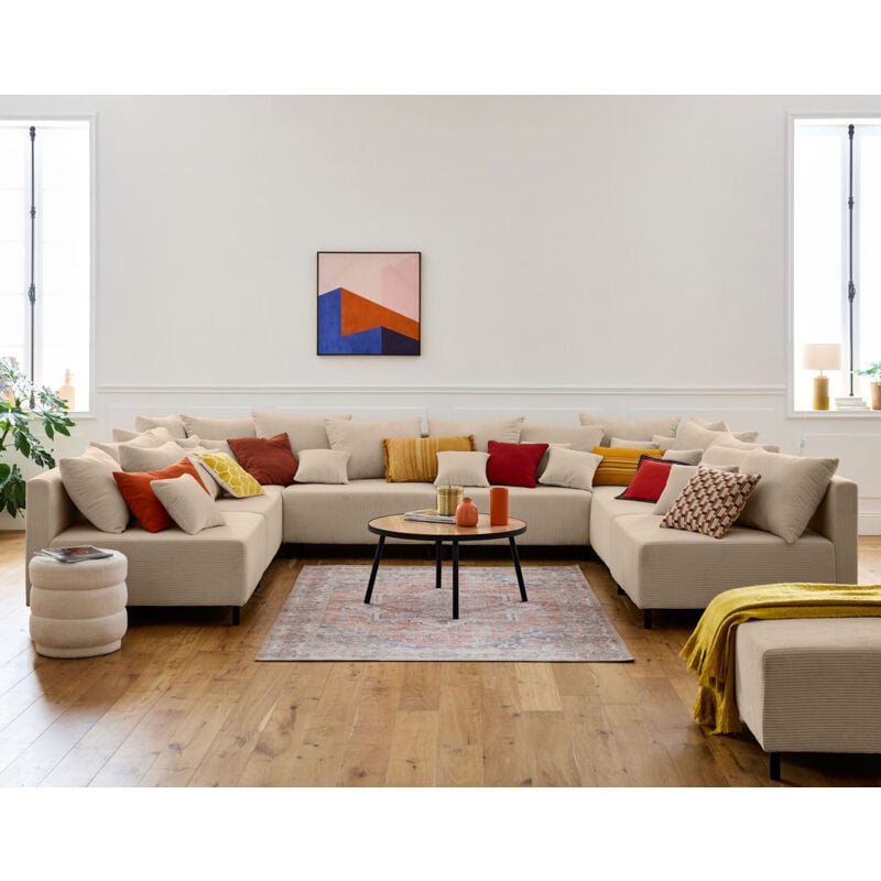 Lisa Design - Edinburg - canapé modulable panoramique 8 places - en velours côtelé - beige