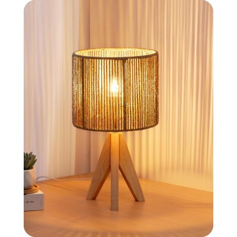 EDISHINE Lampada da comodino in legno, portalampada E27, treppiede vintage, lampadina inclusa, 36 x 20 x 20 cm, lampada da tavolo moderna per camera da letto, soggiorno, hotel, paralume in corda intre