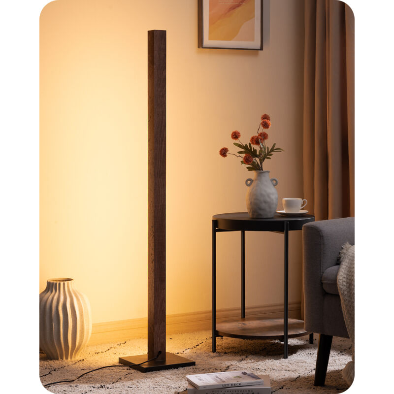 Lampadaire LED en bois 18W 3000K dimmable – Interrupteur à pied – Base stable – Style boho vintage pour salon - 800LM