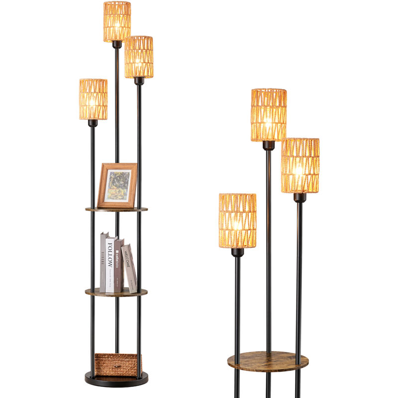 EDISHINE Lampadaire sur Pied Bohème Vintage avec Étagère de Rangement, 3 Abat-Jours en Rotin Naturel, 3xE27 Ampoules LED Incluses, Noyer Moyen