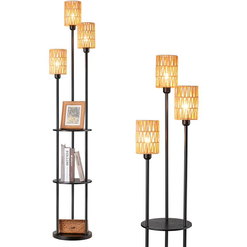 EDISHINE Lampadaire sur Pied Bohème Vintage avec Étagère de Rangement, 3 Abat-Jours en Rotin Naturel, 3xE27 Ampoules LED Incluses, Noir