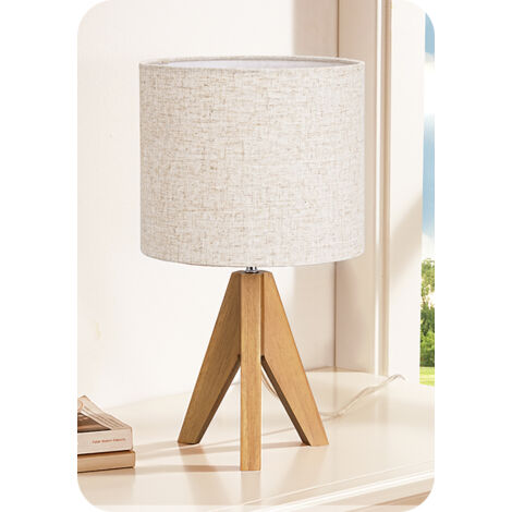 EDISHINE Lámpara de Noche de Madera, 2700 K luz blanco cálido, Lámpara de Mesa, Casquillo E27, Pantalla de Lino Beige Vintage para Oficina, Sala de Estar, Dormitorio, Rincón