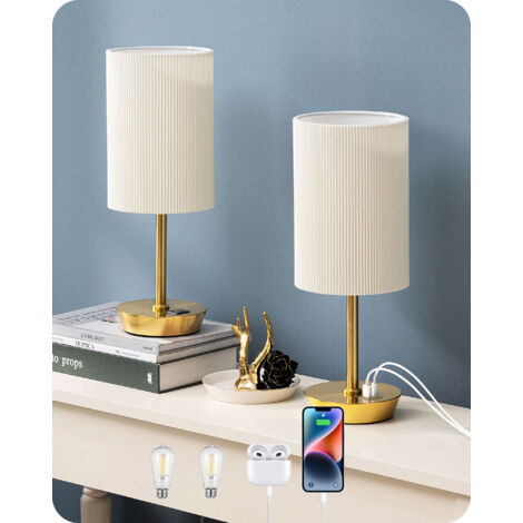 EDISHINE Lámpara de Noche Regulable 3 Niveles Táctil Juego de 2, 2 Puertos USB, Casquillo E27, 2700K Bombillas, H39cm, Lámpara de Mesa, con Función de Carga, con Cable, Dorado