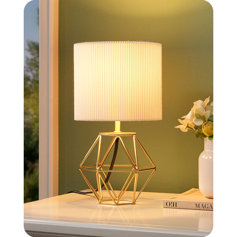 EDISHINE Lampe de Chevet E14 Ampoule LED Incluse de 2700K Blanc Chaud,Abat-jour Ivoire Plissé, Base Métallique Dorée en Forme de Diamant