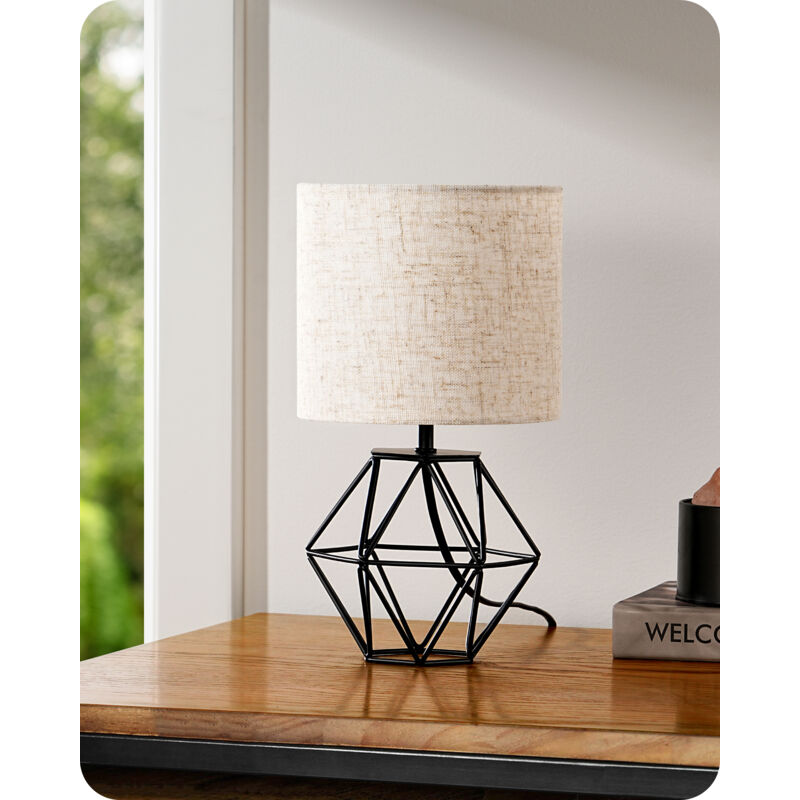 EDISHINE Lampe de Chevet E14 Ampoule LED Incluse de 2700K Blanc Chaud,Abat-jour en Lin Beige et Base Noir Métallique en Forme de Diamant