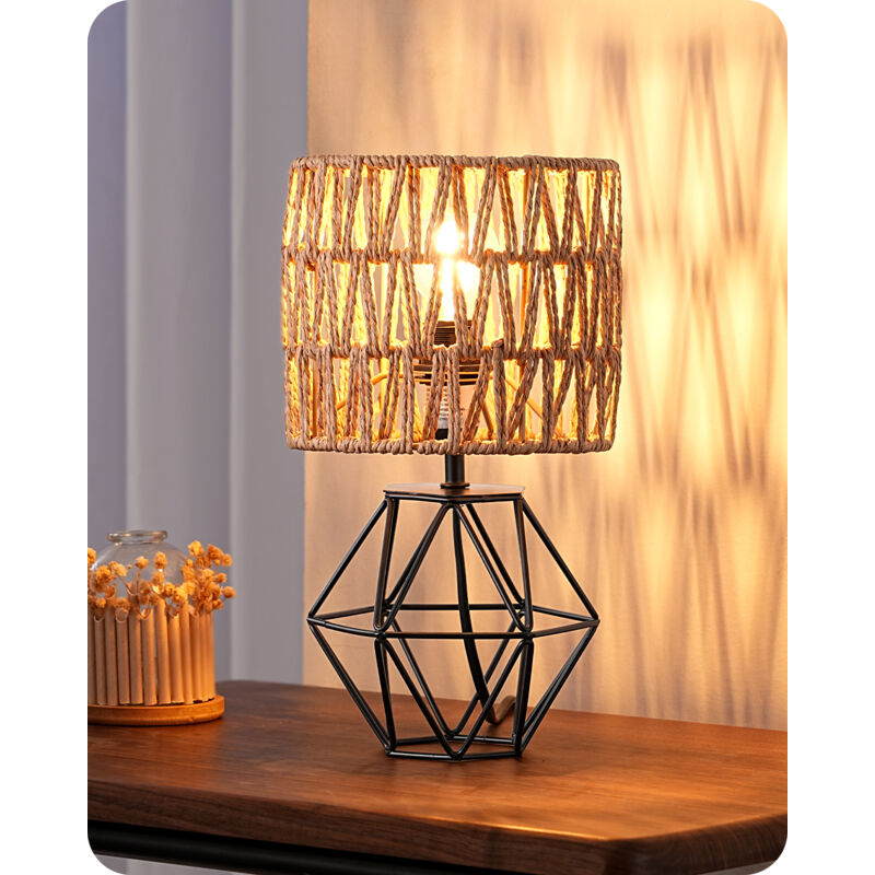 EDISHINE Lampe de Chevet E14 Ampoule LED Incluse de 2700K Blanc Chaud,Boho Abat-jour Tissée à la Main et Base Cage en Fer