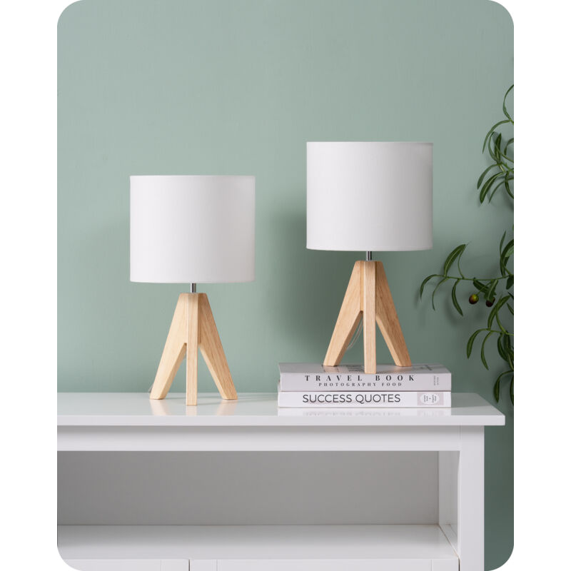 EDISHINE Lampe de chevet ou lampe de table - Lot de 2 - 36 x 20 x 20 cm - bois et lin - ampoule LED E27 incluse - abat-jour blanc