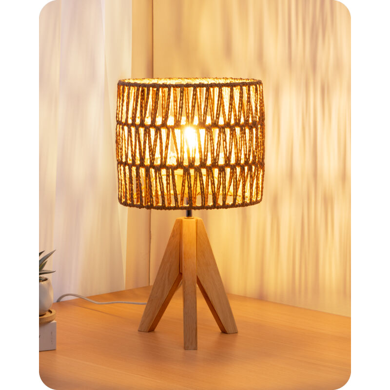 EDISHINE Lampe de chevet H36 cm, Lampe de table, E27 ampoule 2700K incluse, abat-jour en corde tissée à la main, base en bois