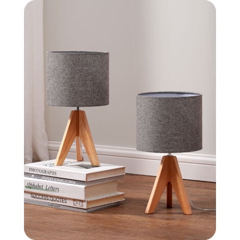 EDISHINE Lampe de chevet E27, lot de 2, lampe de table en bois, abat-jour gris