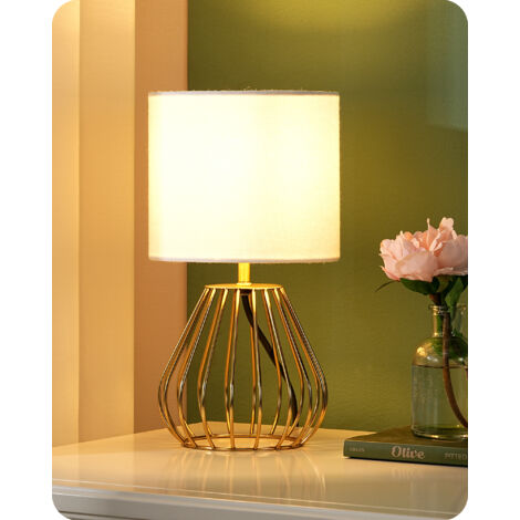 EDISHINE Lampe de table, lampe de chevet avec abat-jour en lin blanc, base dorée métallique, ampoule E27 LED 2700K fournie, H29 cm