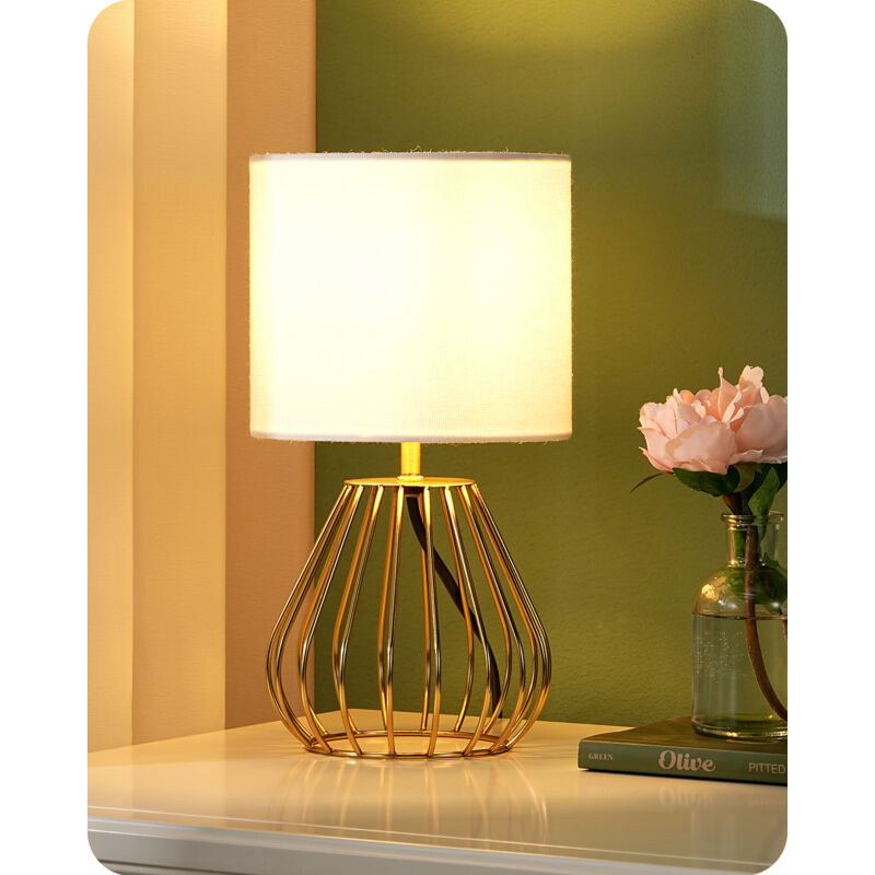 EDISHINE Lampe de table, lampe de chevet avec abat-jour en lin blanc, base dorée métallique, ampoule E27 LED 2700K fournie, H29 cm