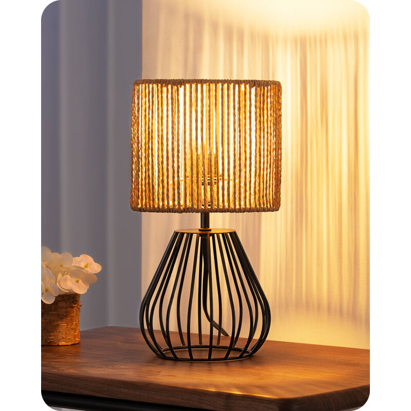 EDISHINE Lampe de Chevet avec Ampoule LED E14 2700K Blanc Chaud, Boho Abat-jour Tissée à la Main et Base Cage en Fer