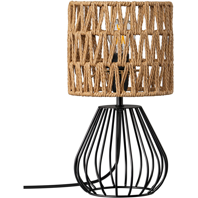 EDISHINE Lampe de Chevet avec Ampoule LED E14 2700K Blanc Chaud, Boho Abat-jour Tissée à la Main et Base Cage en Fer