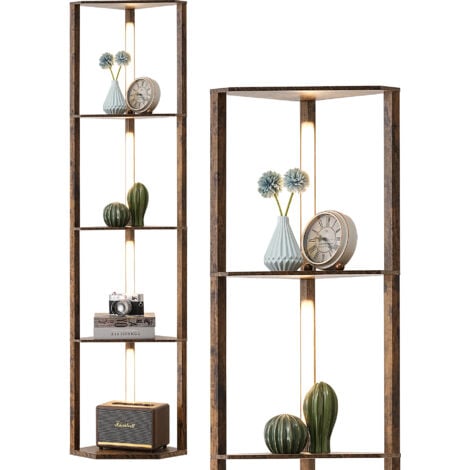 EDISHINE mit 4 Holz-Regal, LED Dimmbar Stehleuchte 3-Farbtemperatur mit 360° Drehbarer Lichtmast, Fußschalter, Braun