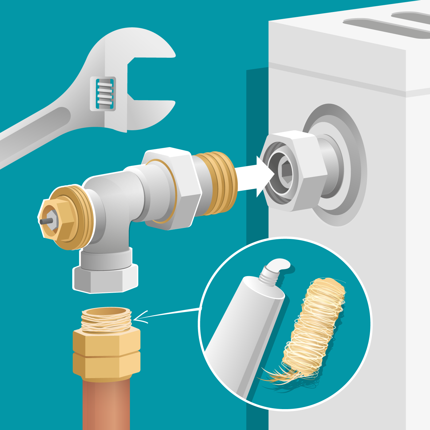 Raccordement radiateur, tête thermostatique et robinet