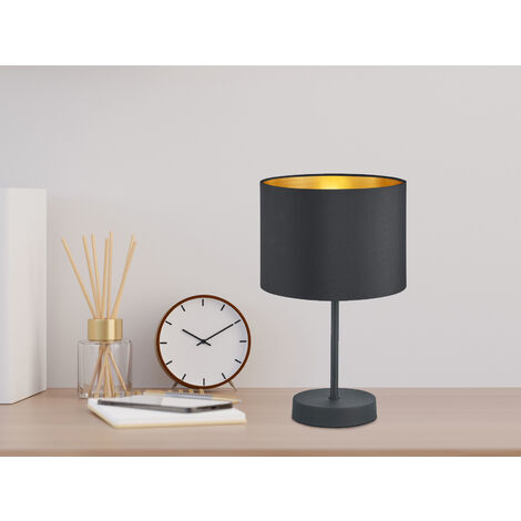 Edle LED Tischleuchte mit Lampenschirm aus Stoff in Schwarz & Gold, Höhe 33cm