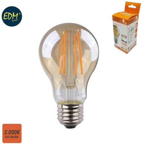 EDM LED-Glühbirne, Standard-Filament, Vintage-Glas, E27, 6 W, 560 lm, 2000 K, warmes Licht, Ø6 x 10,6 cm