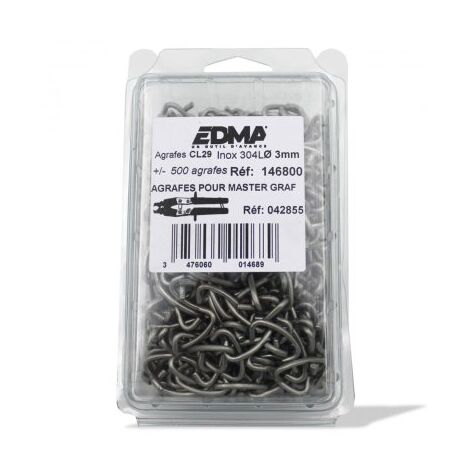 Edma – Agrafes CL29 inox AISI 304 x 500 – Résistantes à la corrosion – Pour agrafeuse à grillage MASTER GRAF – Applications extérieures