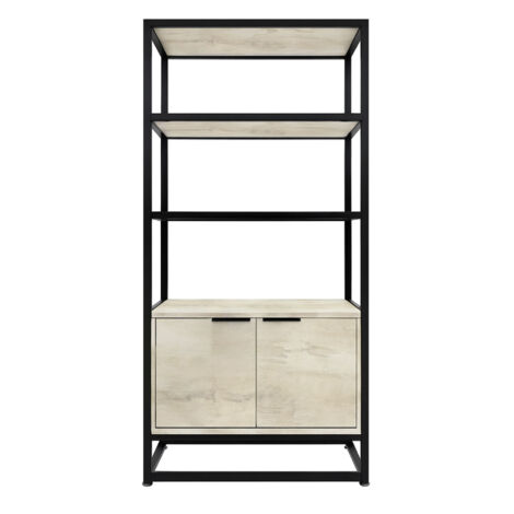 Edo - Estanter�a Librer�a de Pared 76x162,5x33,5 cm 3 Baldas con Mueble 2 Puertas en Madera Bleach Estructura de Metal Negro