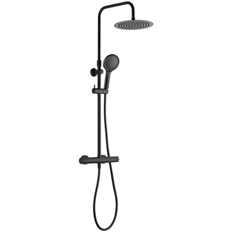 Edouard Rousseau - Colonne de Douche Thermostatique ARS Noire – Tête Ø 250 mm – Douchette 3 Jets – Bras Télescopique Ajustable – Flexible 1,50 m – Robinetterie Thermostatique Corps Froid
