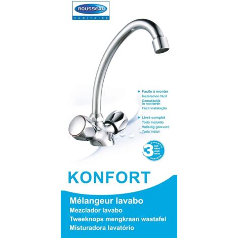 Edouard Rousseau - Miscelatore Lavabo Konfort - Rubinetto in ottone a becco mobile - Maniglie in metallo - 235 (altezza) x 145 (Saillie) mm - Cromato
