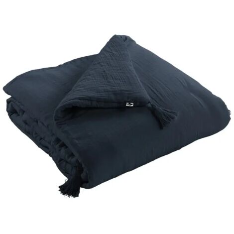 Édredon 150 x 150 cm gaze de coton bleu nuit avec 4 pompons - PEPA