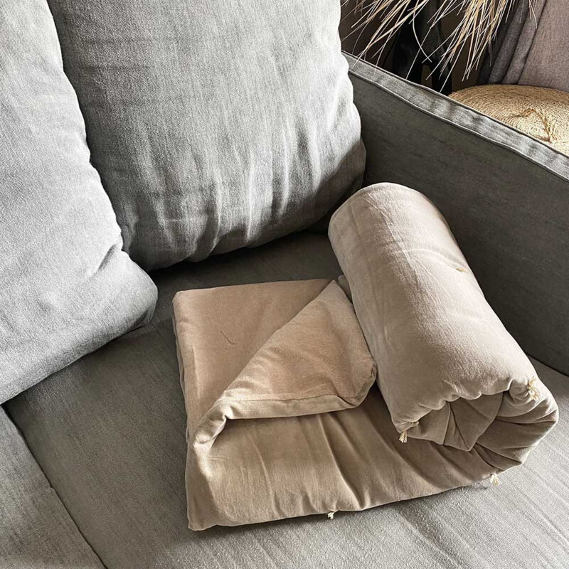 Edredon 2 faces velours taupe et coton naturel garni 130 x 170