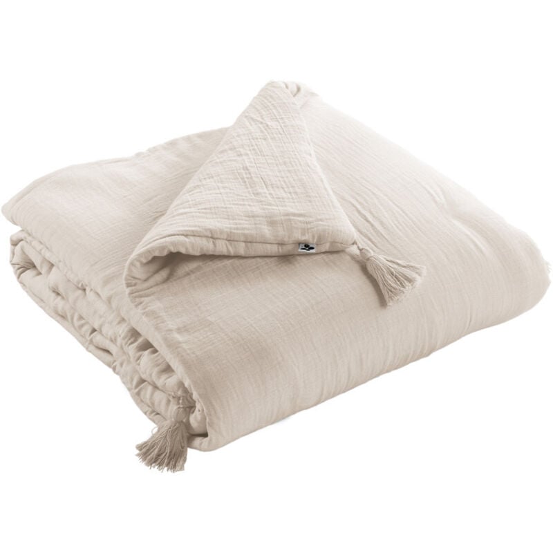 Dredon 90 x 200 cm en gaze de coton écru avec 4 pompons - pepa