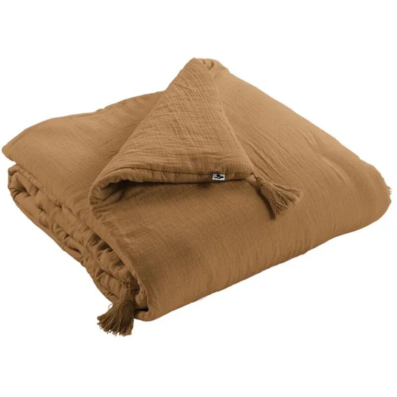 Dredon 90 x 200 cm en gaze de coton camel avec 4 pompons - pepa