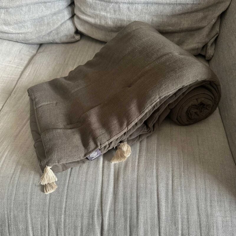 Edredon 2 faces lin anthracite et coton anthracite garni 75 x