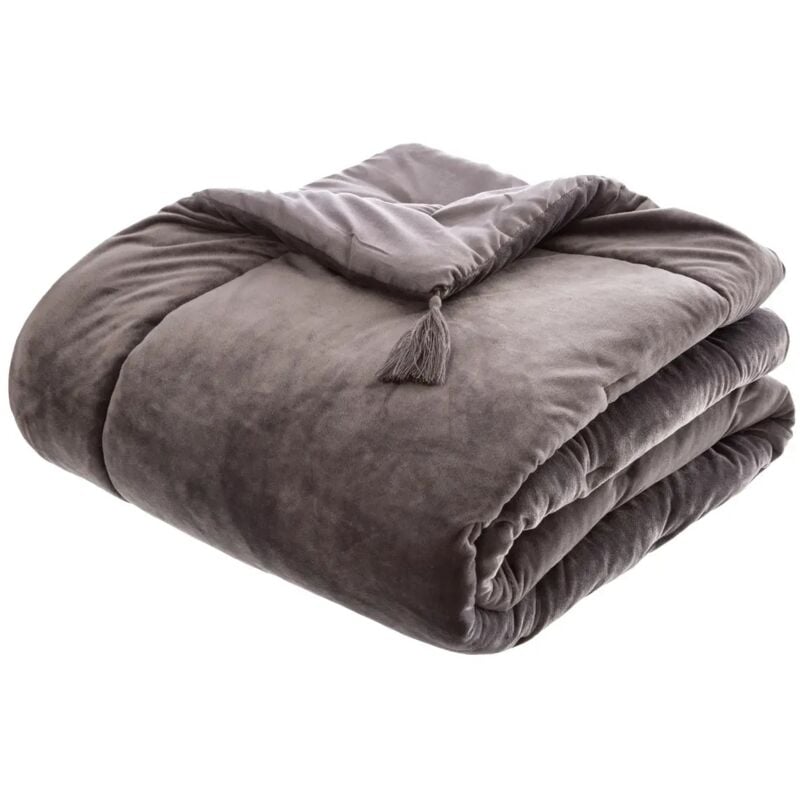 1001kdo - Edredon velours et pompons 80 x 180 cm Gris