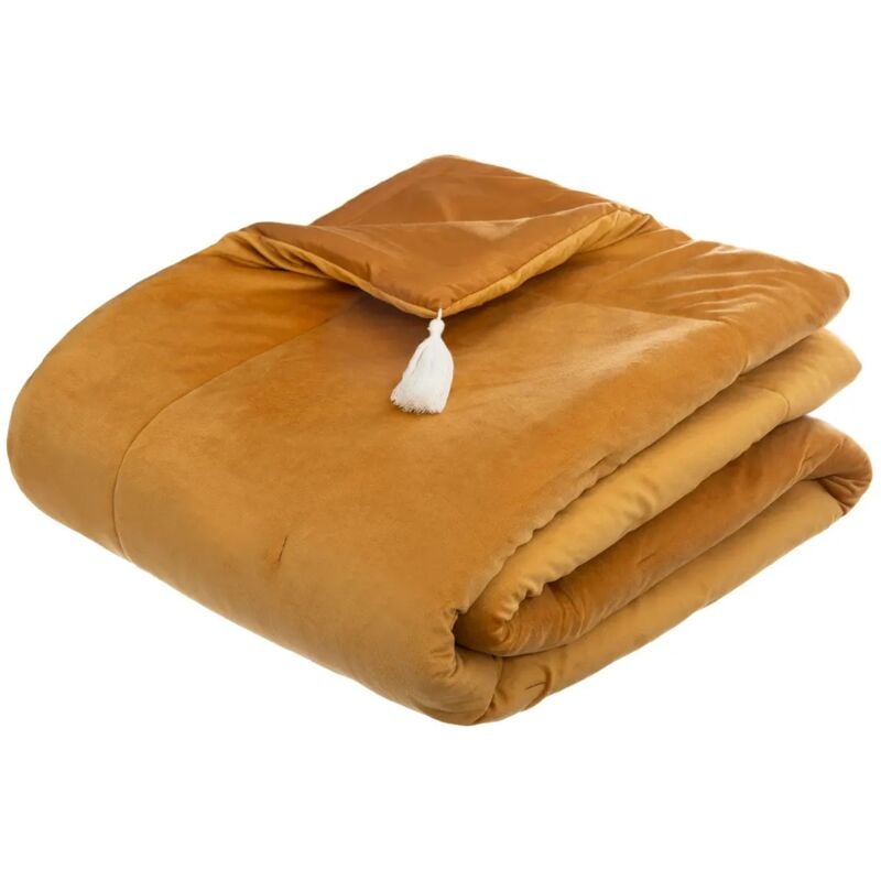 Edredon velours et pompons 80 x 180 cm Jaune ocre