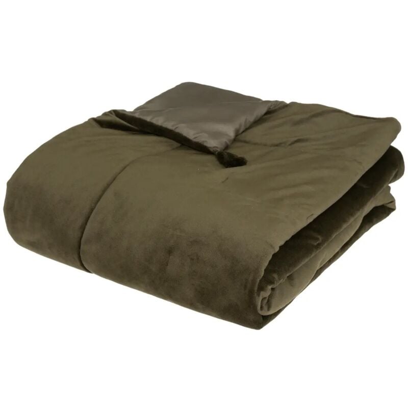 Edredon velours et pompons 80 x 180 cm Kaki