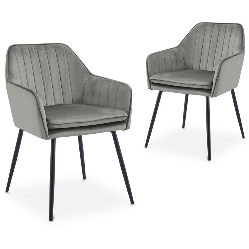 Deco In Paris - Lot de 2 chaises avec accoudoirs en velours gris pieds noirs Deco In Paris - Lot de 2 chaises avec accoudoirs en velours gris pieds noirs