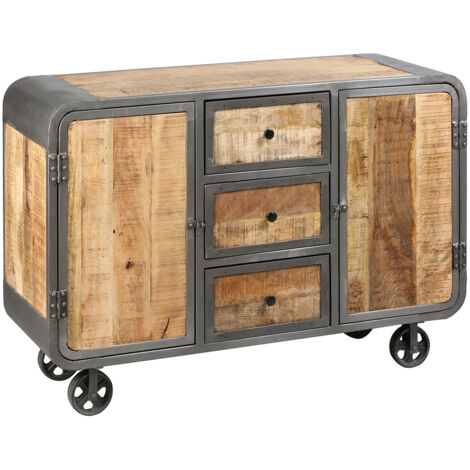 EDWIN - Buffet 2 Portes 3 Tiroirs Acier et Bois Massif