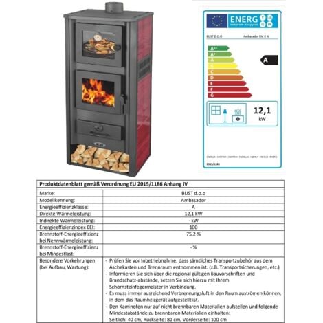 EEK A Kaminofen mit Backfach Rot Holzofen 12,1 kW Kamin Ambasador Ofen Dauerbrandofen Werkstattofen Schwedenofen Hüttenofen Heizofen