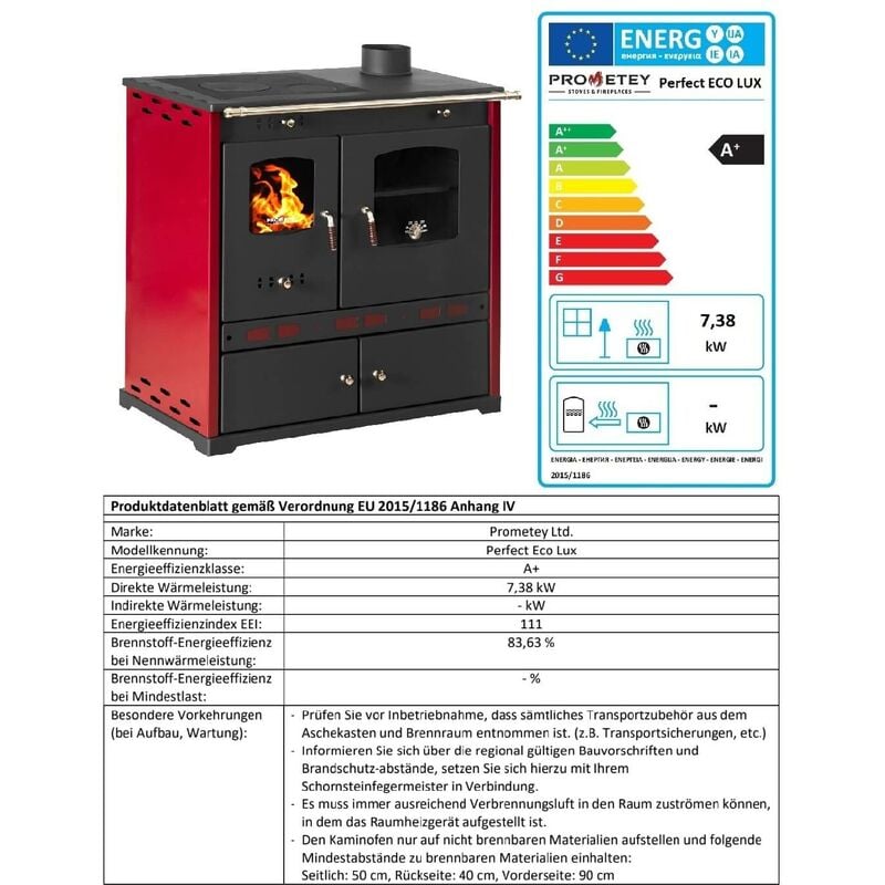 Eek a+ Kaminofen mit Backfach und Herdplatte Perfect Eco Lux Rot Rechts Holzofen 7 kW Kamin Ofen Holz Werkstattofen Hüttenofen Heizofen Gartenofen