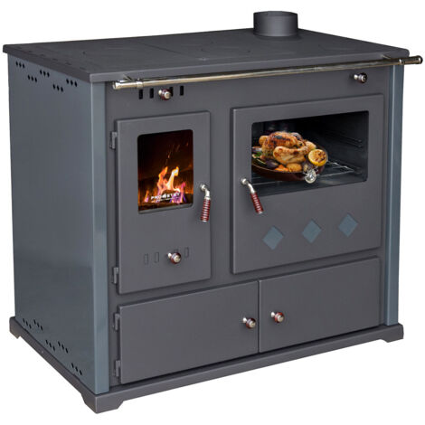 EEK A+ Kaminofen mit Backfach und Herdplatte Pracktik Lux Anthrazit RAL 7016 RECHTS Holzofen 9,5 kW Kamin Ofen Dauerbrandofen Werkstattofen Schwedenofen Hüttenofen Heizofen