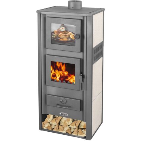 EEK A Kaminofen mit Backfach Weiß Holzofen 12,1 kW Kamin Ambasador Ofen Dauerbrandofen Werkstattofen Schwedenofen Hüttenofen Heizofen