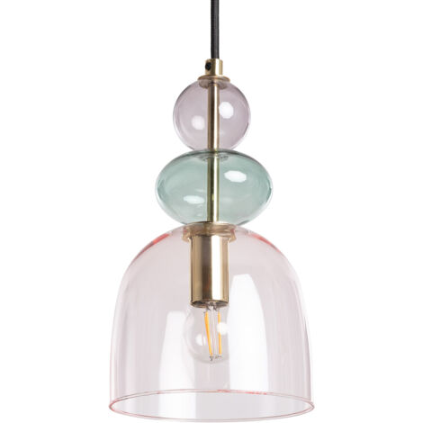 Efectoled – Suspension métal et verre rose – Abat-jour sphérique en verre coloré – Douille E14 – Longueur de câble réglable – Finition chromée
