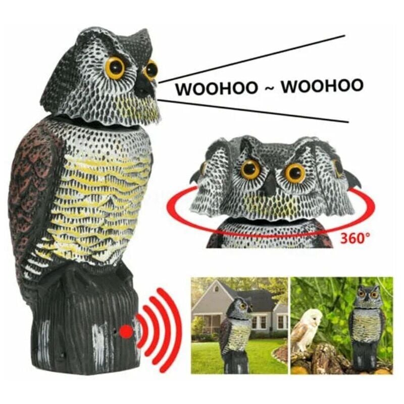 SNQ - Effaroucheur d'oiseau réaliste tête rotative son hibou rôdeur leurre répulsif Protection antiparasitaire épouvantail jardin cour déplacer,