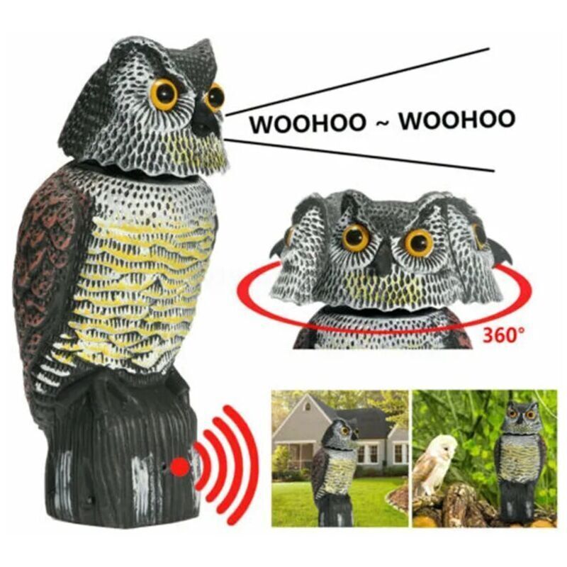 Debuns - Effaroucheur d'oiseau réaliste tête rotative son hibou rôdeur leurre répulsif Protection antiparasitaire épouvantail jardin cour déplacer..