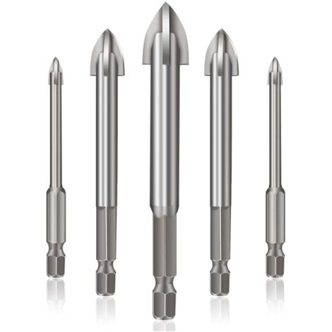 Efficient Universal Drilling Tool, 5-Piece Cross Hex Tile Drill Bit Set Concrete Drill Bit Set for Glass, Plastic, Tile (Silver)