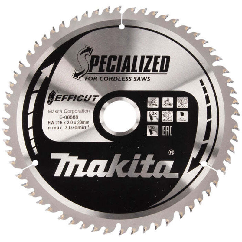 Lame carbure EFFICUT bois pour scies radiales à batterie MAKITA E 08888 216x30mm 60 dents