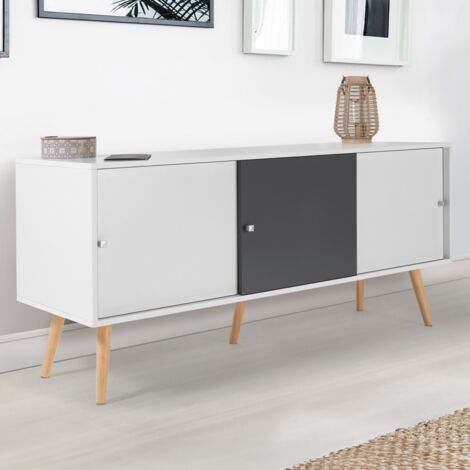EFFIE Aparador bajo escandinavo de 3 puertas en madera blanca y gris 135 cm
