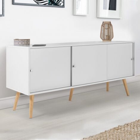 EFFIE Aparador bajo escandinavo de 3 puertas, madera blanca, 135 cm